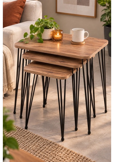 Sulorahome Ceviz Desenli Metal Tel Ayaklı 3'lü Zigon Sehpa Takımı