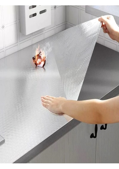 Yüksek Isıya Dayanıklı Folyo Kaplama 60x120cm 200°C Isı Dayanımlı Mutfak Tezgah Ocak Arkası Koruyucu