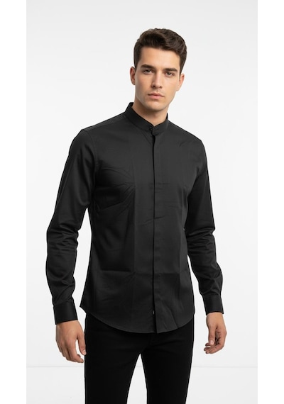Plus Scorpion Erkek Hakim Yaka Slim Fit Gömlek Şık, Modern, Uzun Kollu, Düz Model Siyah