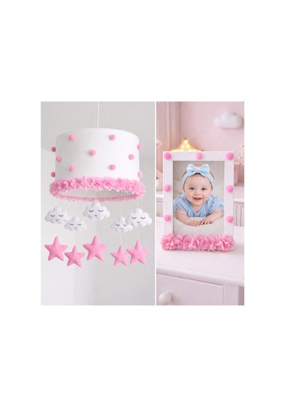 Kız Bebek Odası Avize Ve Çerçeve Seti Pembe Bulut Yıldızlı El Yapımı 30x20 Cm Şeker Pembe