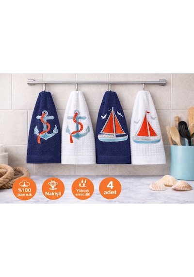 Özdilek Deniz Temalı 4 Lü Nakışlı Mutfak & El Havlusu Seti 40x60 Cm %100 Pamuk Ultra Yumuşak, Yüksek Emicilik, Şık Hediye Kutulu 4 Renk