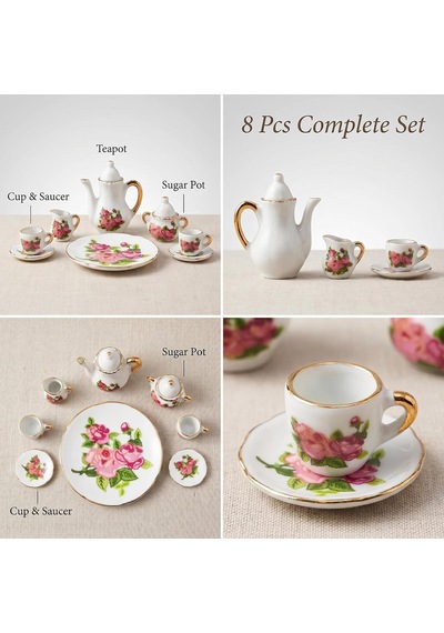 Dollhouse Çay Fincanı Setleri 1:6 Ölçekli Minyatür Porselen Bebek Evi Aksesuarları 8 Parça Çiçek Desenli Çayda Diğer
