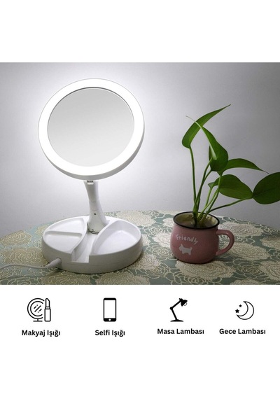 10x Büyütmeli Led Işıklı Katlanabilir Çift Taraflı Makyaj Aynası Usb& Pil İle Çalışır Beyaz