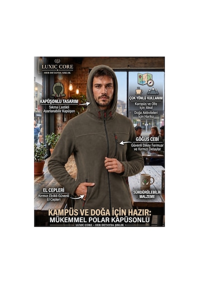 Luxıc Core Erkek Kapüşonlu Füme Polar 3 Cepli Fermuarlı Sıcak Tutan Kışlık Outdoor Hoodie Günlük Stilpro