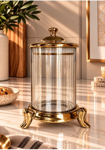 Aurelia Gold Ayaklı Çizgili Cam Dekoratif Kavanoz Büyük Boy-8059 Çok Renkli
