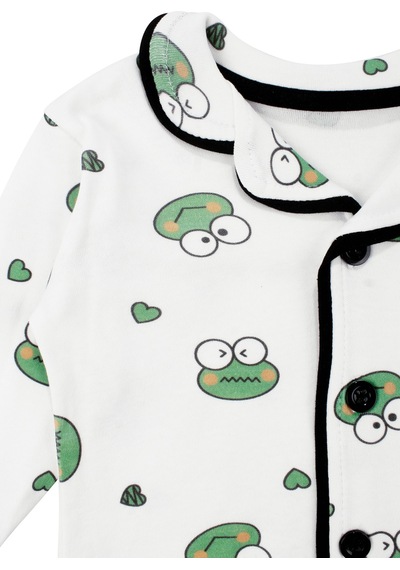 Bebegen Unisex Ekru Yeşil Kurbağa Desenli Kruvaze Yaka Pijama Takımı Çok Renkli