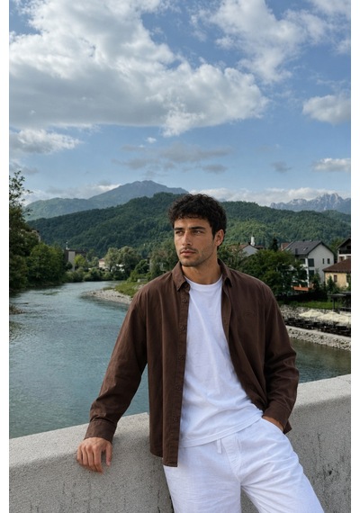 Respire Erkek Minimal Baskılı Oversize Dokulu Gömlek Kahve Kahverengi