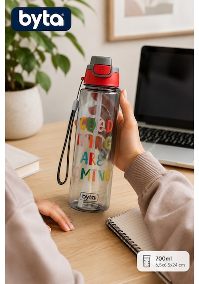 700 Ml Pipetli Su Matarası Kilitli Kapaklı Sızdırmaz Tritan Matara Taşıma Askılı Bpa Free Gri-kırmızı Siyah