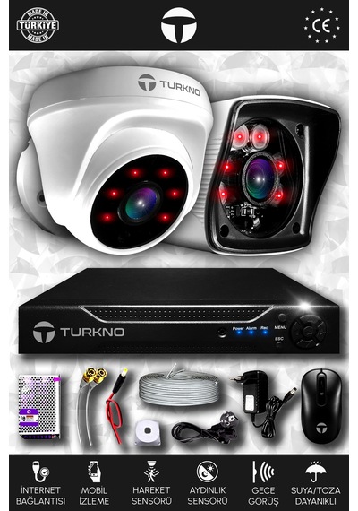 Turkno 2 Kameralı Karia 1 İç Kamera Set HDD'siz Full HD Gece Görüşlü Güvenlik Kamerası Sistemi