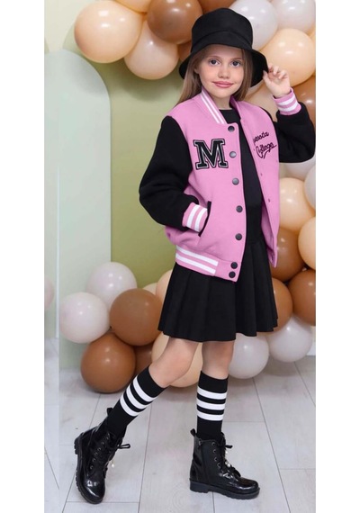 Riccotarz Kız Çocuk Düğme Detaylı Pamuklu Pembe Kolej Ceket Kadife Etekli Takım Pembe