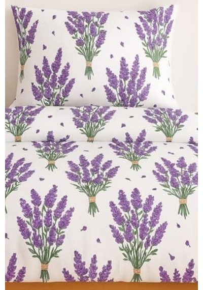 Ezgi Çift Kişilik Desenli Nevresim Takımı, Lavanta Motifli, 200 X 230 Cm, 2 Adet Kapaklı Yastık Kılıfı, Mor Diğer