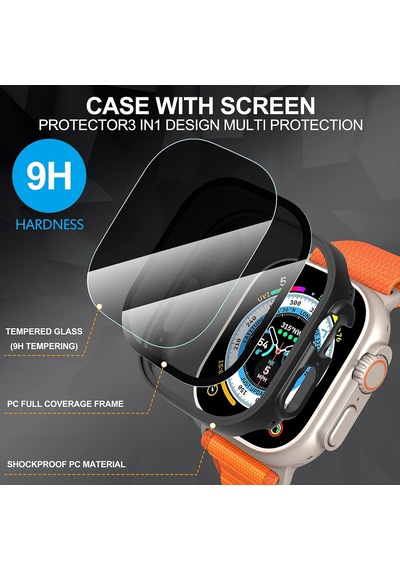 Caseonn Apple Watch Uyumlu Ultra Kılıf Hayalet Ekranlı Anti-spy Gizlilik Korumalı Bumper Kasa Siyah