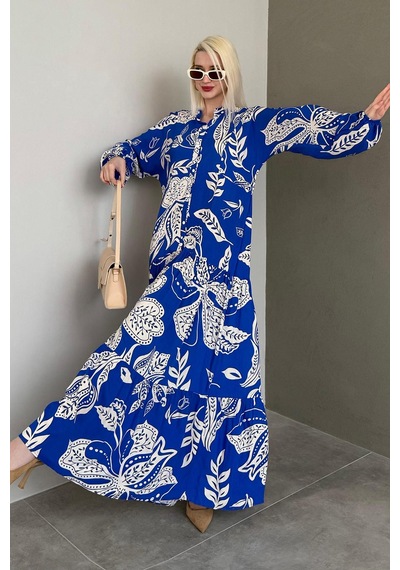 Madmext Saks Desenli Düğmeli Uzun Kollu Elbise Mg2397 Saks