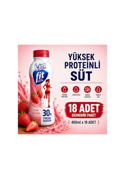 Fit Yüksek Proteinli Laktozsuz Çilekli Süt 400ml X 18 Adet