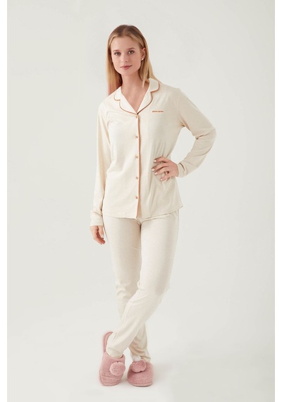 Pierre Cardin 7717 Gömlek Model Kadın Pijama Takım Bej