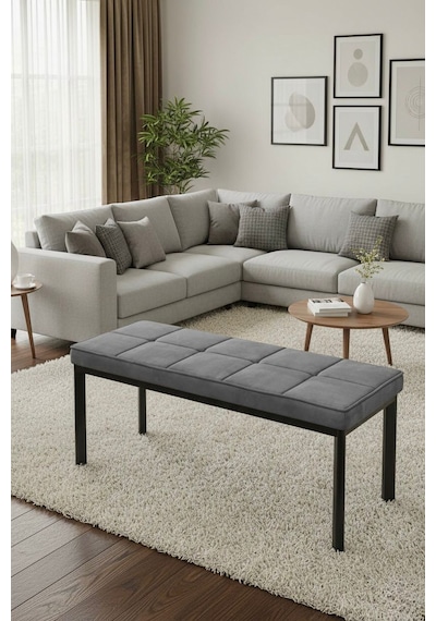 Vena 105x40 Bench - Babyface Kumaş Çımalı Döşeme Puf Bench Siyah Ayaklı Antrasit
