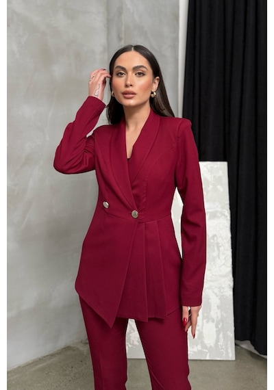 Msm Fashion Kadın İkili Blazer Ceket Pantolon Takım Pile Ve Düğme Detaylı Boru Paça Bordo Msm Fashion Kadın İkili Blazer Ceket Pantolon Takım Pile Ve Düğme Detaylı Boru Paça Bordo