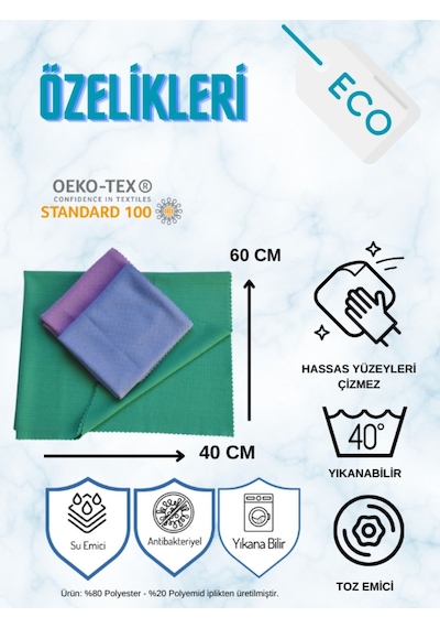 Mikrofiber Su Emici İz Bırakmayan Cam Bezi 3'lü 40 x 60 CM