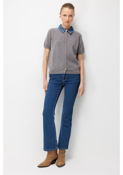 On Kadın Denim Detaylı Kısa Kollu Triko Hırka 10509 Gri