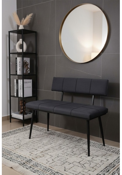 Özcan Metal Metal Ayaklı Sırtlı Siyah Mutfak Salon Antre Yatak Odası Puf Bank Oturak Bench Füme