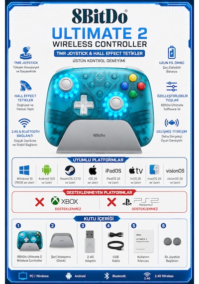 8bitdo Ultimate 2 Kablosuz Gamepad Tmr Joystick Hall Effect 2.4g Pc Windows Android  Şarj Docklu