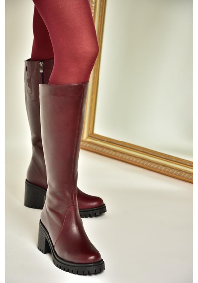 Fox Shoes R654047703 Bordo Hakiki Deri Kalın Topuklu Kadın Çizme Bordo-hakiki Deri Bordo