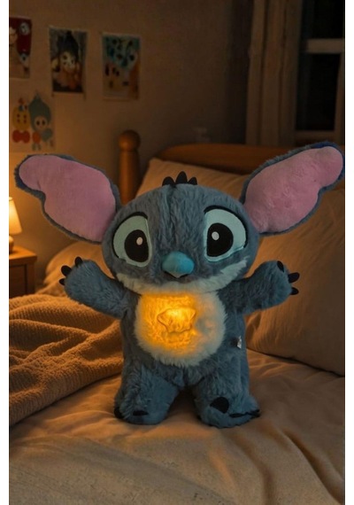 30 Cm Stitch Işıklı Ve Müzikli Peluş Uyku Arkadaşı 5 Modlu Nefes Alan Gece Lambası Sevimli Hediye Oyuncak Mavi