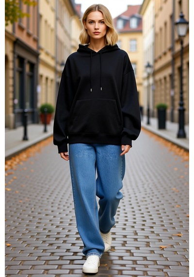 Ersefa Kadın Uzun Kollu Kapşonlu Basic Sweatshirt Hoodie Düşük Omuzlu Ka siyah