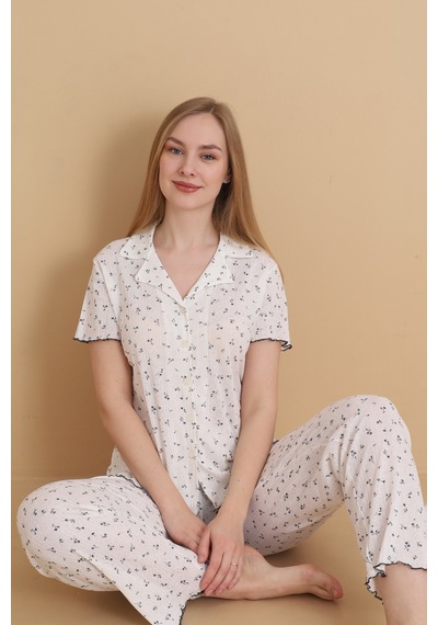 Wordex Mirano 1714 Çiçekli Pointel İnce Kumaş Düğmeli Kısa Kollu Kadın Pijama Takımı Ekru