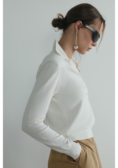 Suud Collection Beyaz Carter Polo Yaka Triko Kazak