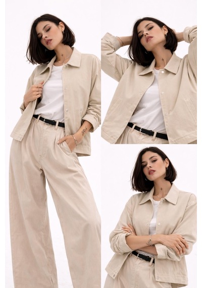 Kadın Oversize Basic Gabardin Mevsimlik Polo Yaka Ceket-385 Taş