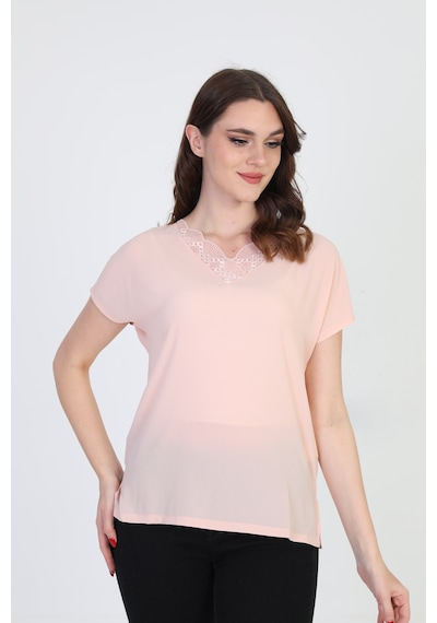 Ella Camelia Kadın Yakası Dantel Detaylı Bluz 20E020 Pudra