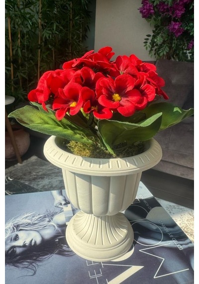 4lü Set Yapay Çiçek Krem Antik Saksıda Karışık Renk Kadife Menekşe Gerçekçi Doku 22cm