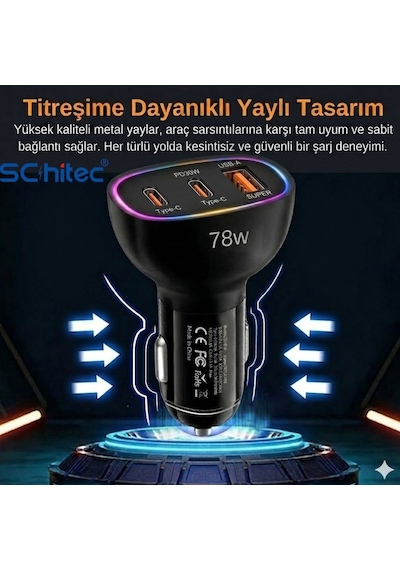 Schitec 78w 3 Portlu Araç Şarj Aleti Çift Type-c Pd 30w + Usb Qc 3.0 Hızlı Şarj Rgb Işıklı Hg/cc-10