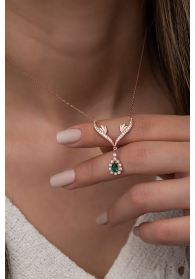 925 Ayar Gümüş Yeşil Damla Taşlı Tasarım Kolye Kadın Gümüş Kolye Rose Gold