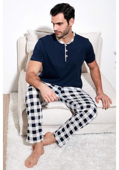 Buratti Ekoseli Pamuklu Regular Fit Kısa Kollu Erkek Pijama Takımı 60961007 Lacivert-Beyaz