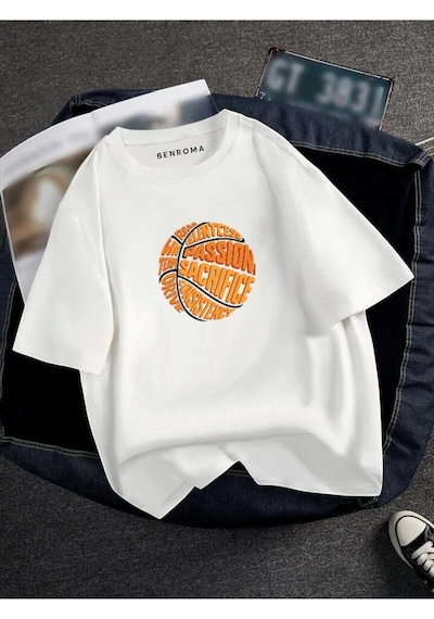 Oversıze Basketbol Topu Baskılı Unısex Tisort Baskılı BEYAZ