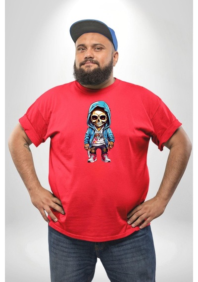 Angemiel Hiphop Kurukafa Hoodie Kırmızı Büyük Beden Erkek Kadın Unisex Basic Ön Baskılı Tişört Kırmızı