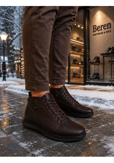 Beren Erkek Hakiki Deri Kahverengi Kışlık Bot Ortopedik Taban Bağcıklı Casual Sneaker Bot