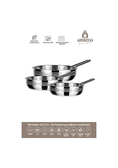 Vento Steel İndüksiyon Tabanlı 3 Parça Tava Seti 20-24-28 Cm Gri