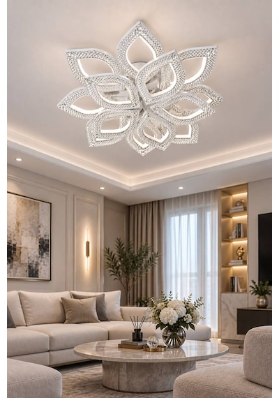 Yonca Model Beyaz Kumandalı 13"lü Ledli 3 Renk Modu Kristal Salon Mutfak Yatak Çocuk Odası Avize