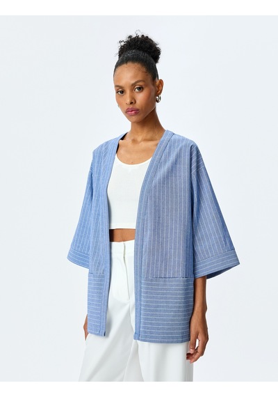 Koton V Yaka Cep Detaylı Oversize Çizgili Kruvaze Kimono Mavi Çizgili 5sak50014pw Mavi Çizgili Çok Renkli