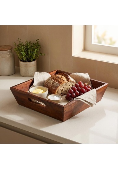 Akasya Ahşap Ekmek Sepeti 25 X 25 Cm, Kulplu Kare Sunum Sepeti, Kahvaltı, Ekmek, Kruvasan, Meyve Ve Sofra Sunumu İçin Dekoratif Ahşap Servis Sepeti