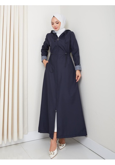 Hb Harma Time Butik Kadın Kapüşonlu Çizgi Detaylı Lacivert Bondit Kap