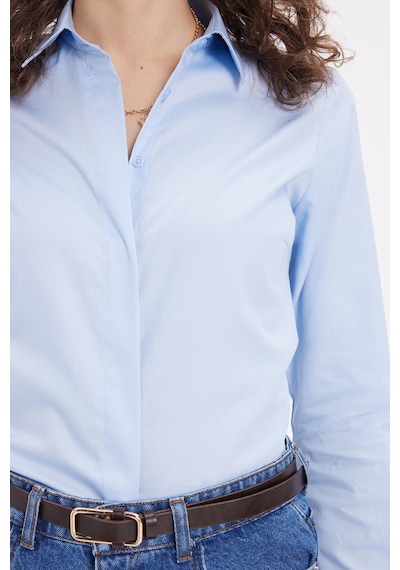 Tudors Kadın Slim Fit Non-ıron Pamuklu Vücuda Oturan Ütü Gerektirmez Pensli Mavi Gömlek-42047 Mavi