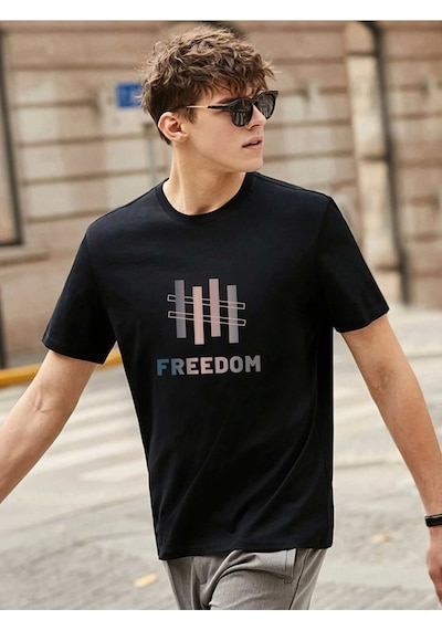 Unisex Oversize Freedom Baskılı Bisiklet Yaka Siyah T-shirt Siyah