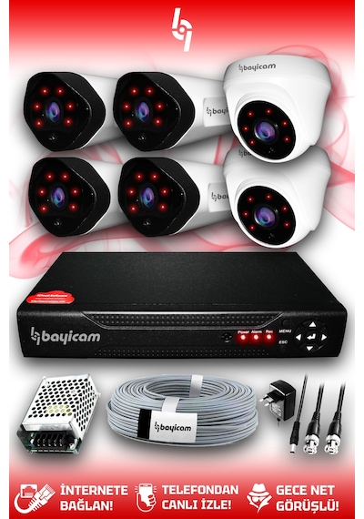 Bayicam 6 Kameralı Uzay 2 İç Kamera Set HDD'siz Full HD Gece Görüşlü Güvenlik Kamerası Sistemi