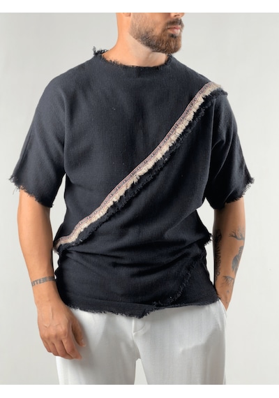 Cocopelli Şeritli Tasarım Erkek Siyah Buldan T-shirt Coc3292