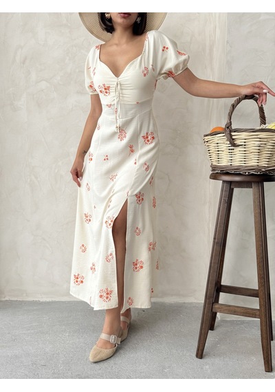 Verymoda Nakışlı Keten Görünümlü Elbise D2901 Oranj