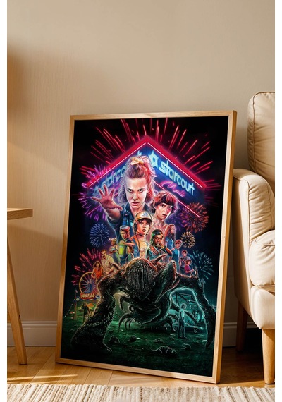 Stranger Things Premium Tasarım Çerçeveli Tablo - Eleven Ve Arkadaşları Sanatsal Duvar Dekoru Kayın